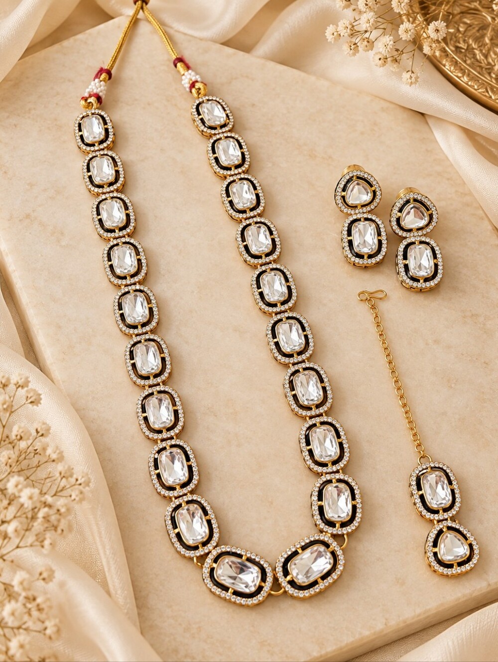 Long Polki Necklace Set with Earrings & Maang Tikka | Indian Jewelry